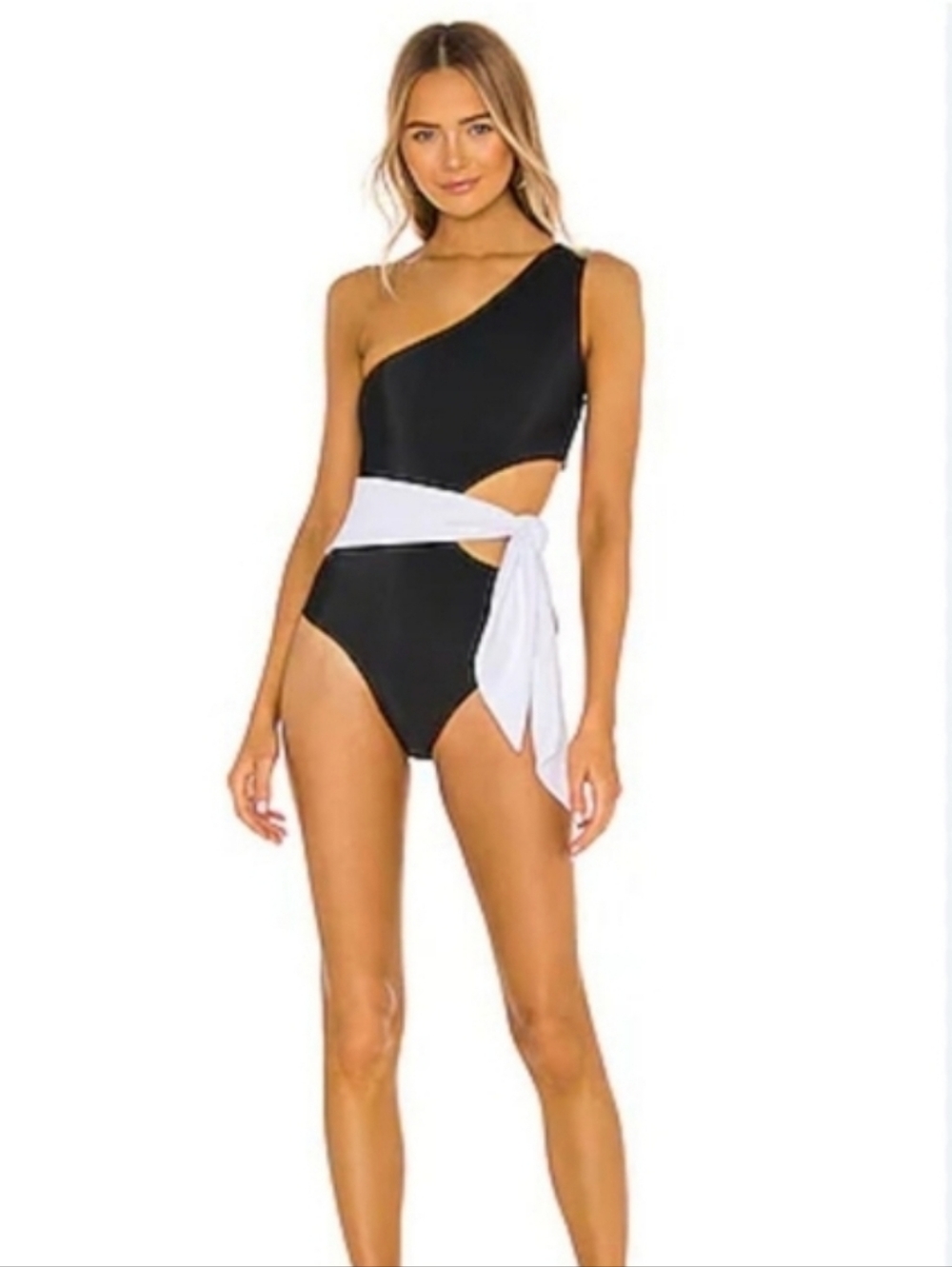 Beach Riot Black Carlie One‎ Shoulder Belted  Piece Swimwear Black.white - Picture 3 of 8